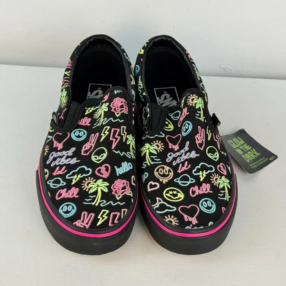 M6 W7.5- Vans Slip-On Glow In The Dark Black Neon Lights Emoji Skate Shoes